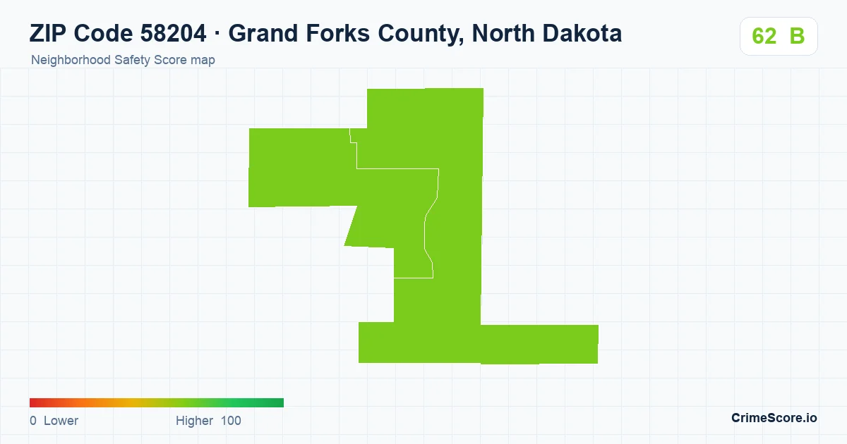 ZIP Code 58204 in Grand Forks County, North Dakota neighborhood Safety Score map