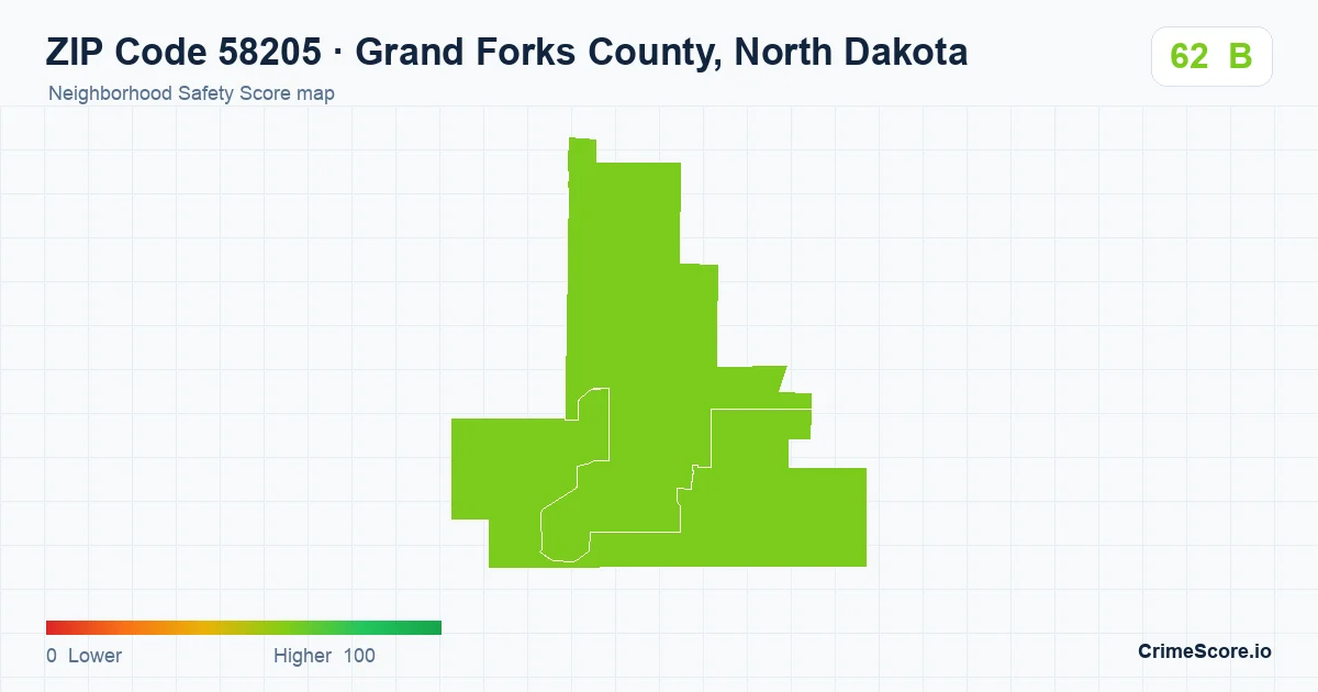 ZIP Code 58205 in Grand Forks County, North Dakota neighborhood Safety Score map