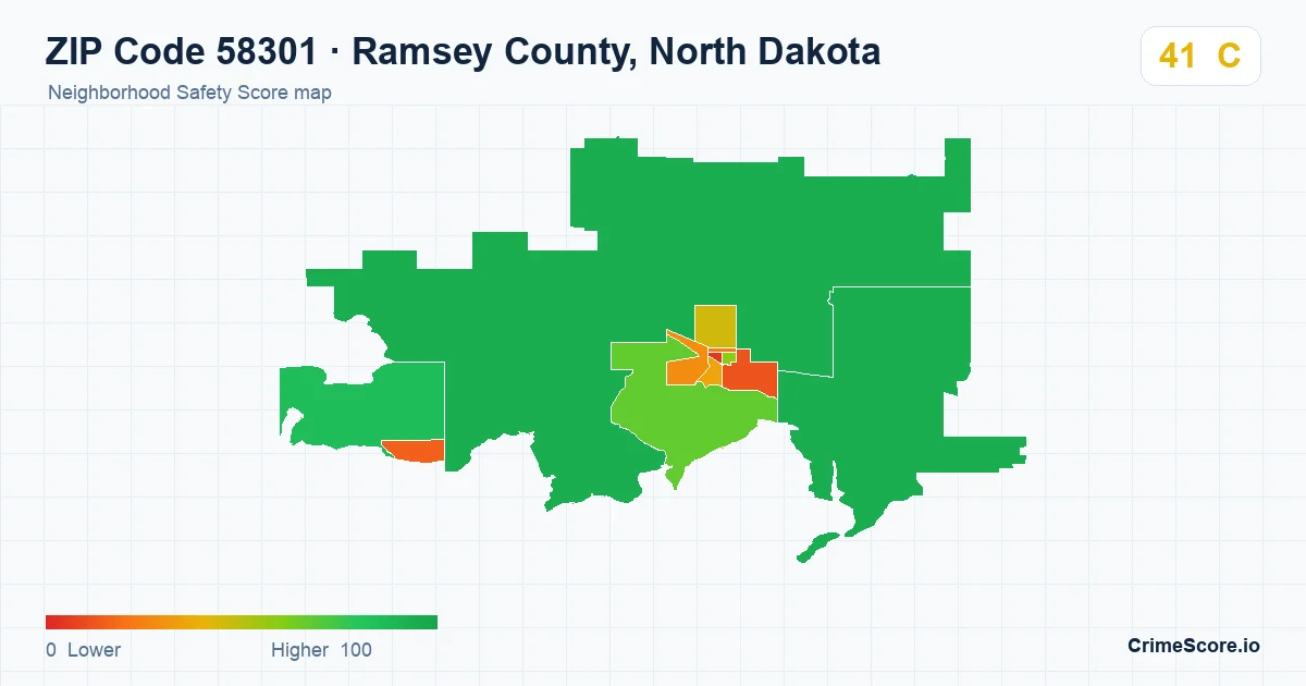 ZIP Code 58301 in Ramsey County, North Dakota neighborhood Safety Score map