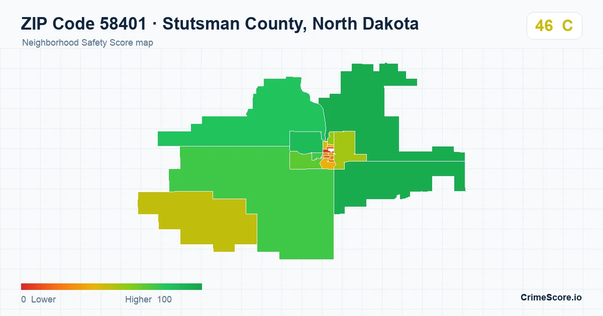 ZIP Code 58401 in Stutsman County, North Dakota neighborhood Safety Score map