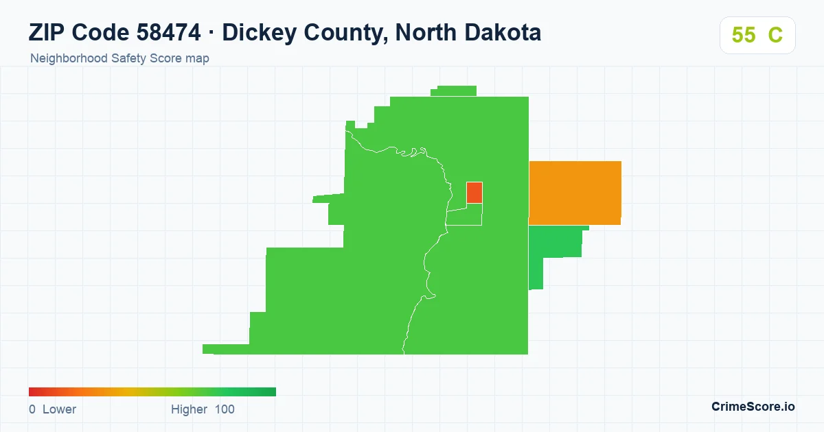 ZIP Code 58474 in Dickey County, North Dakota neighborhood Safety Score map