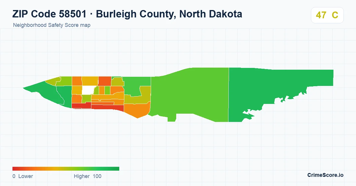 ZIP Code 58501 in Burleigh County, North Dakota neighborhood Safety Score map