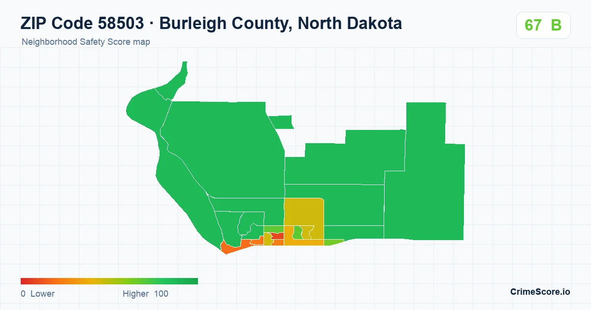 ZIP Code 58503 in Burleigh County, North Dakota neighborhood Safety Score map