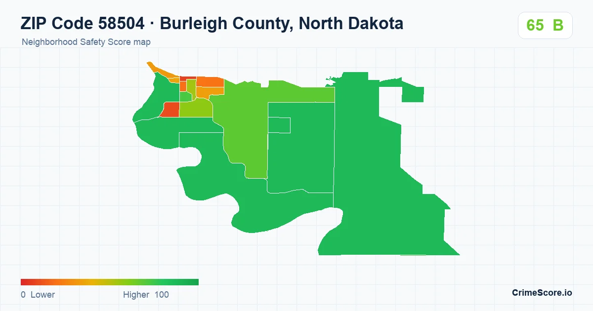 ZIP Code 58504 in Burleigh County, North Dakota neighborhood Safety Score map