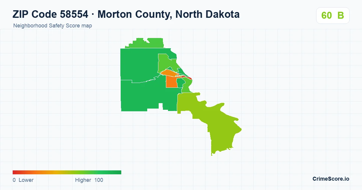 ZIP Code 58554 in Morton County, North Dakota neighborhood Safety Score map