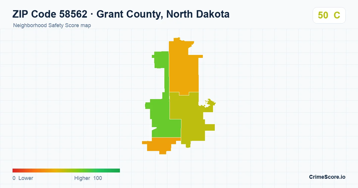ZIP Code 58562 in Grant County, North Dakota neighborhood Safety Score map