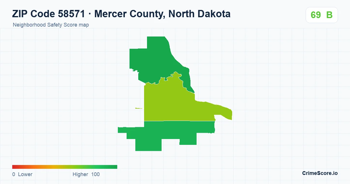 ZIP Code 58571 in Mercer County, North Dakota neighborhood Safety Score map