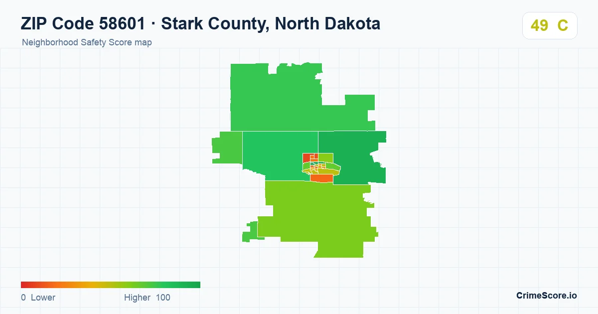 ZIP Code 58601 in Stark County, North Dakota neighborhood Safety Score map
