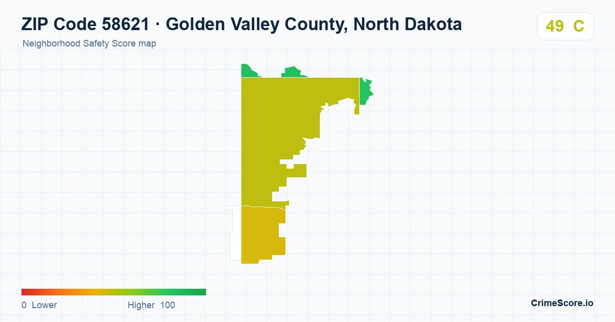 ZIP Code 58621 in Golden Valley County, North Dakota neighborhood Safety Score map