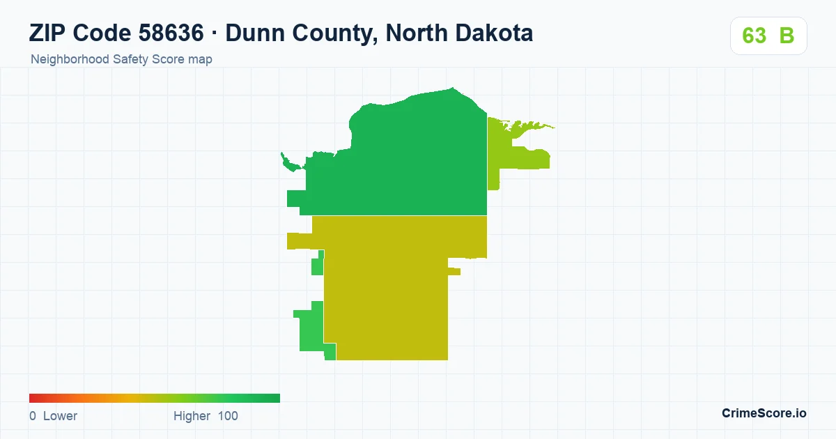 ZIP Code 58636 in Dunn County, North Dakota neighborhood Safety Score map