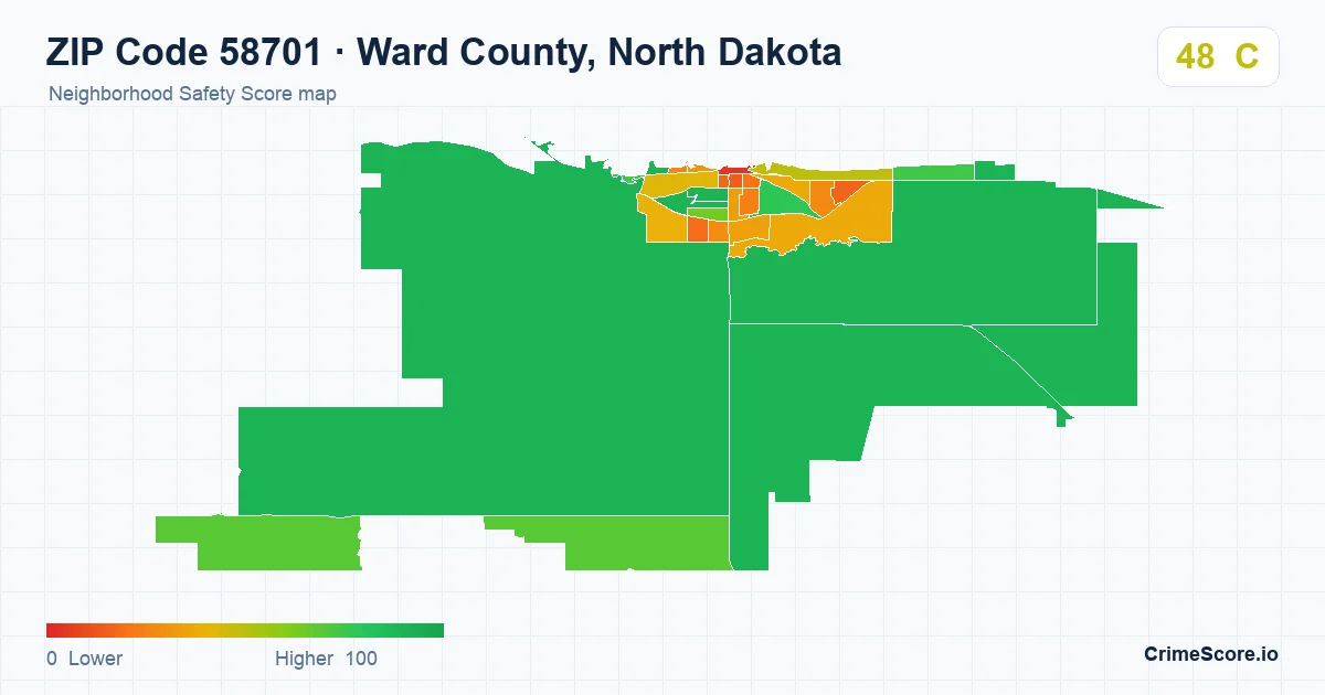 ZIP Code 58701 in Ward County, North Dakota neighborhood Safety Score map