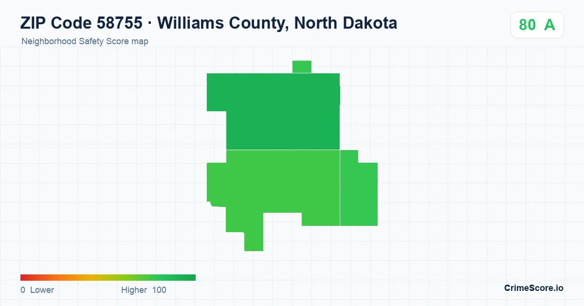 ZIP Code 58755 in Williams County, North Dakota neighborhood Safety Score map