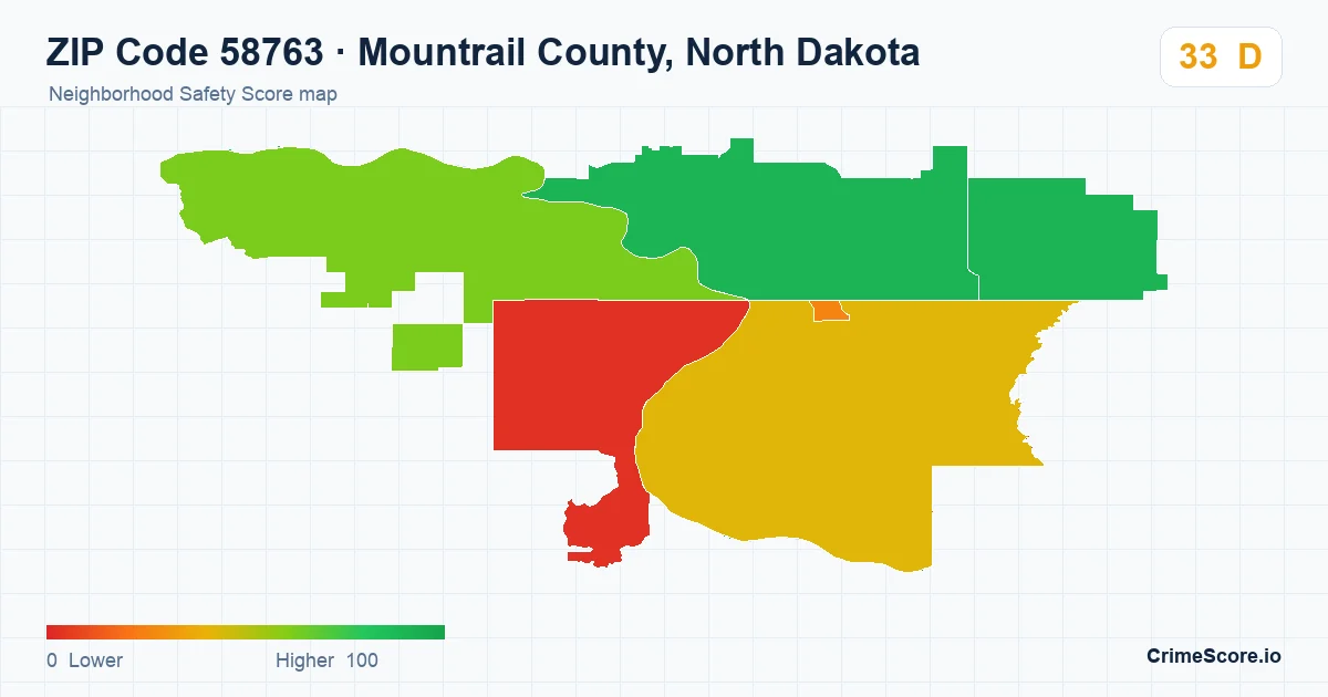 ZIP Code 58763 in Mountrail County, North Dakota neighborhood Safety Score map