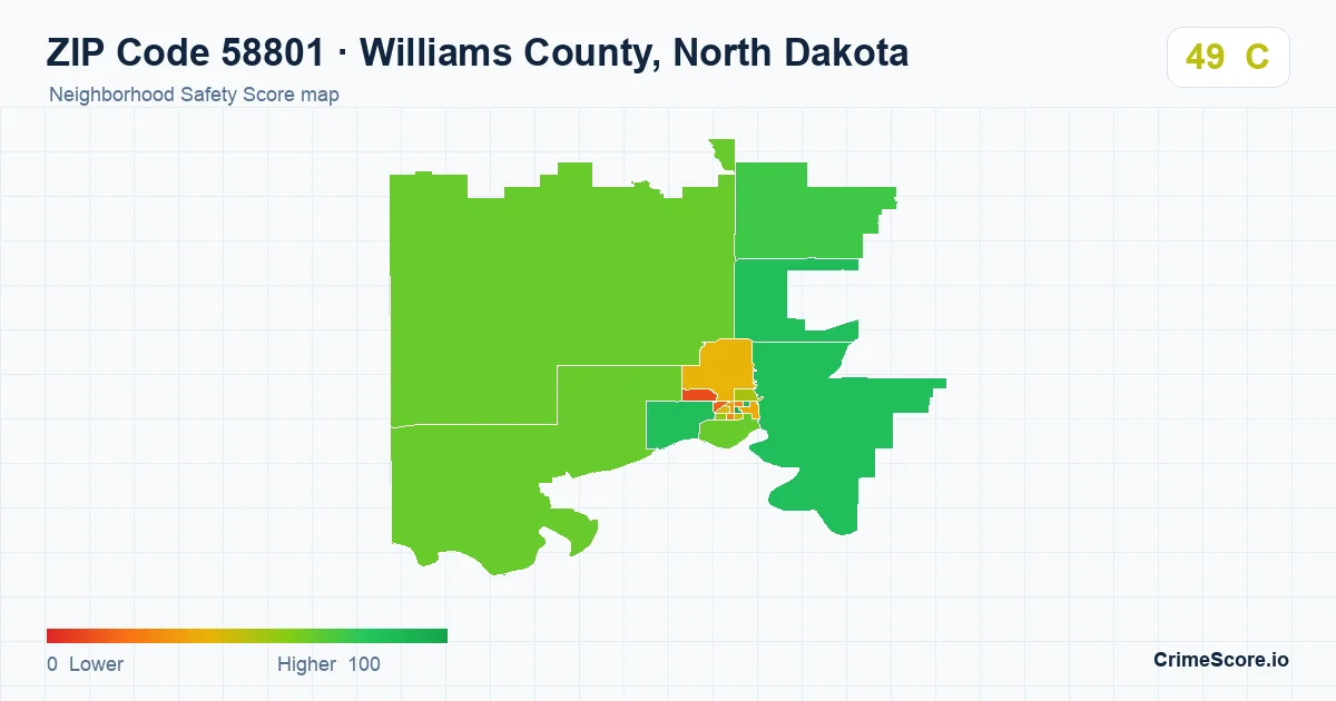 ZIP Code 58801 in Williams County, North Dakota neighborhood Safety Score map