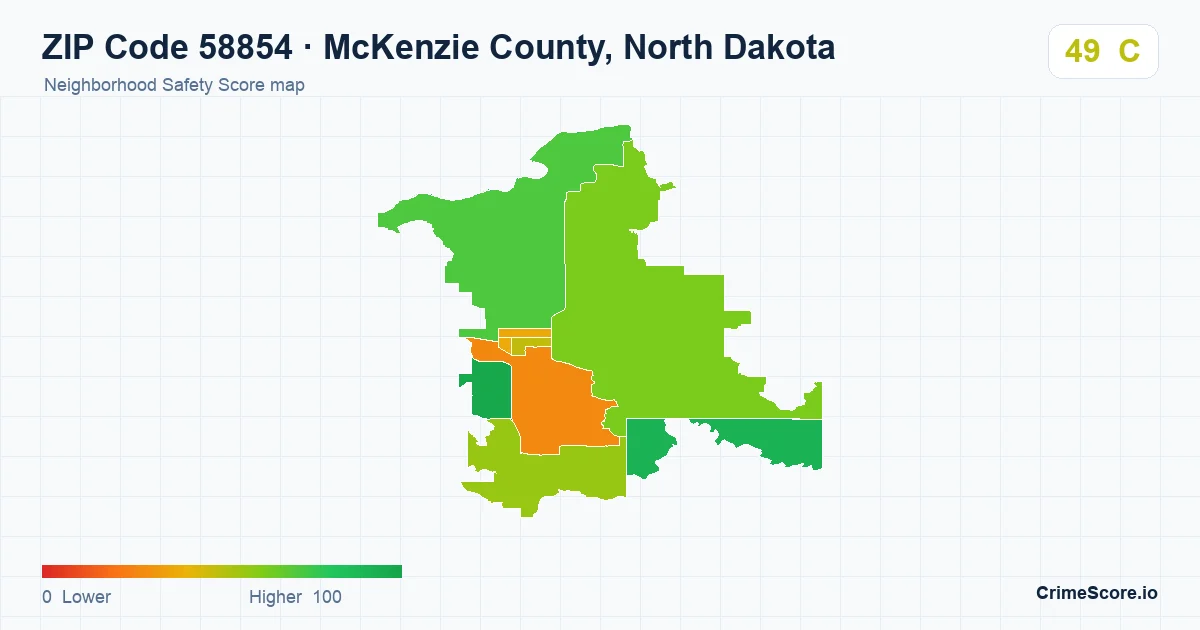 ZIP Code 58854 in McKenzie County, North Dakota neighborhood Safety Score map