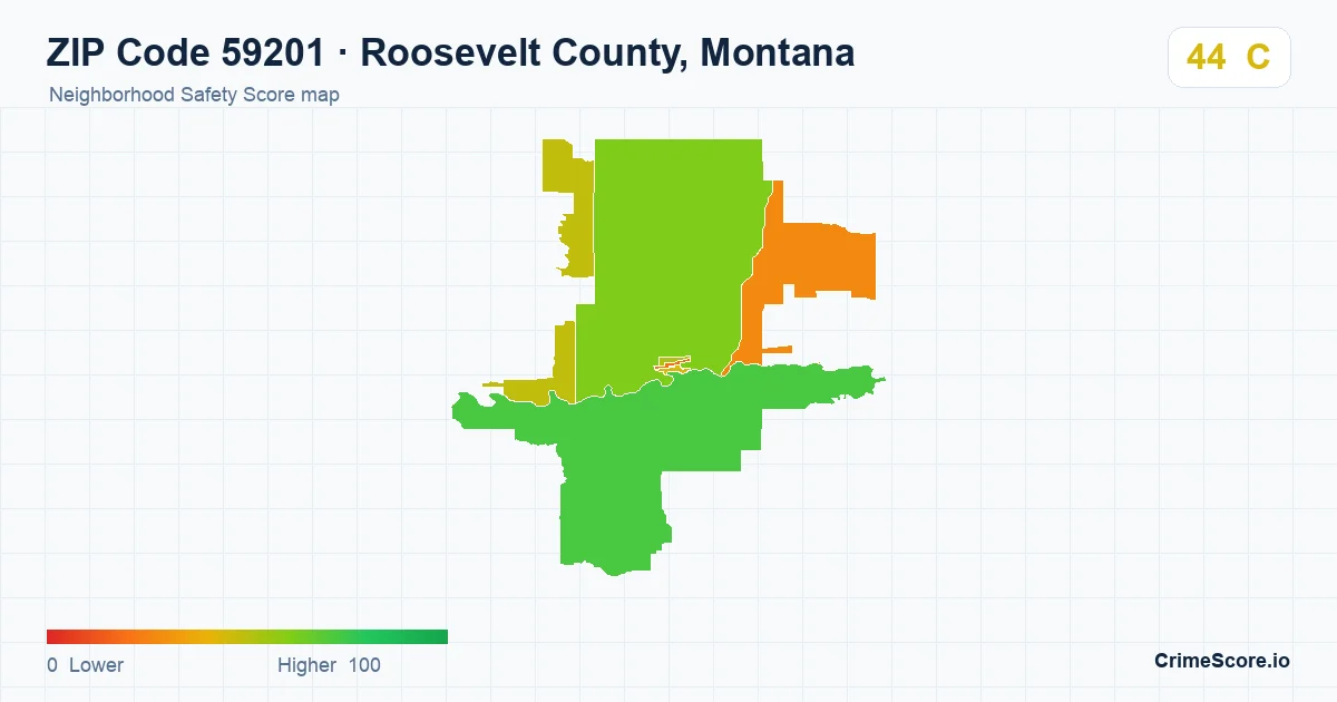 ZIP Code 59201 in Roosevelt County, Montana neighborhood Safety Score map