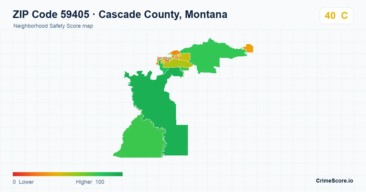 ZIP Code 59405 in Cascade County, Montana neighborhood Safety Score map