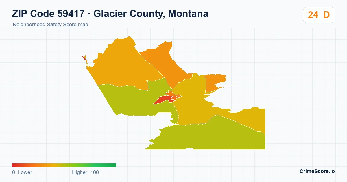 ZIP Code 59417 in Glacier County, Montana neighborhood Safety Score map
