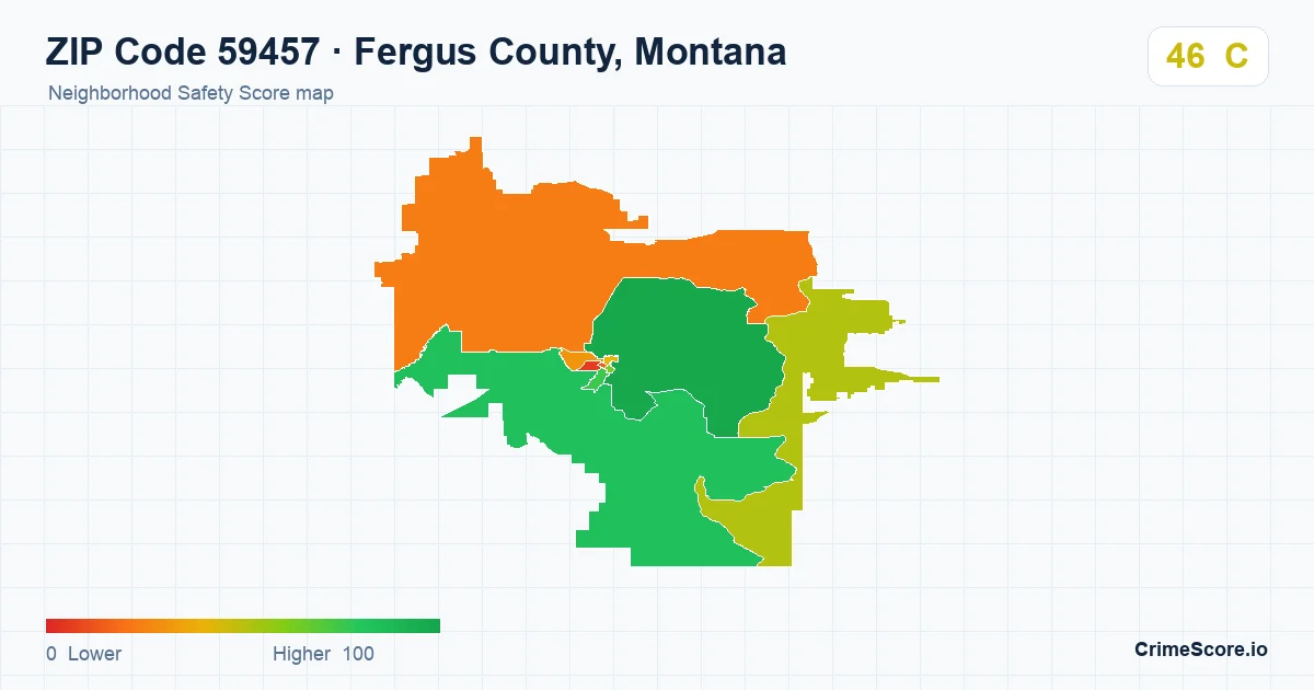 ZIP Code 59457 in Fergus County, Montana neighborhood Safety Score map
