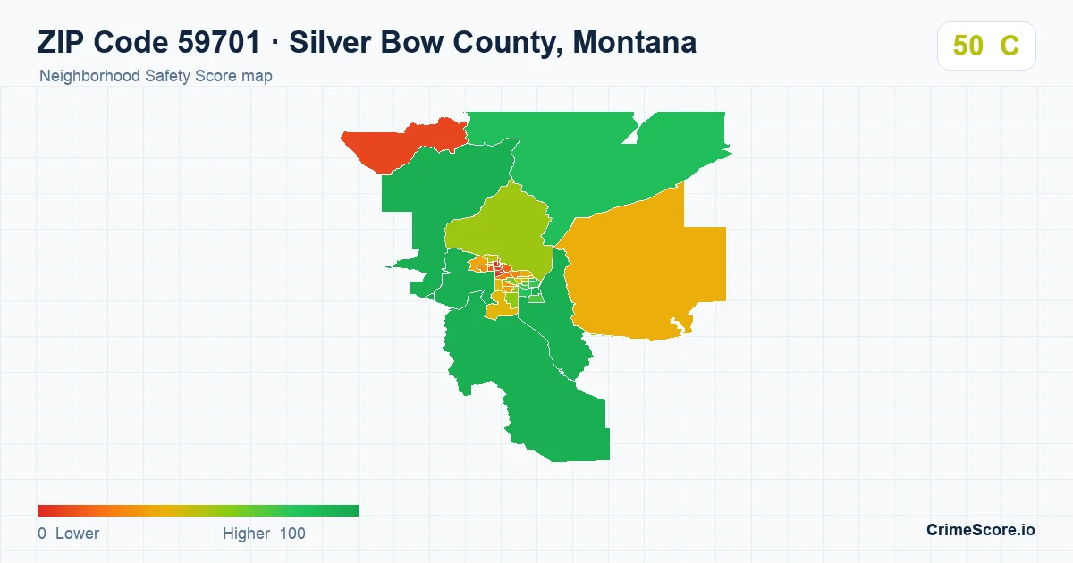 ZIP Code 59701 in Silver Bow County, Montana neighborhood Safety Score map