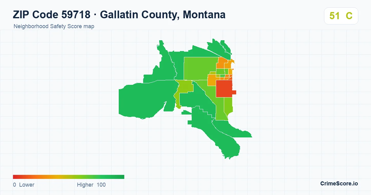 ZIP Code 59718 in Gallatin County, Montana neighborhood Safety Score map