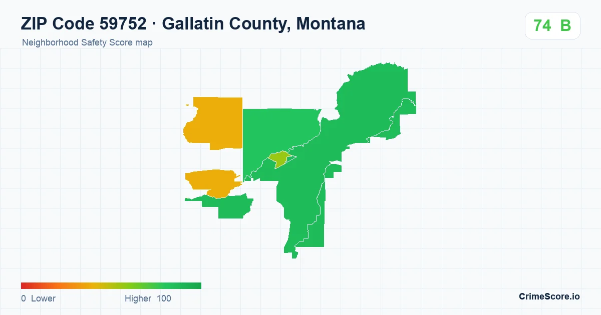 ZIP Code 59752 in Gallatin County, Montana neighborhood Safety Score map