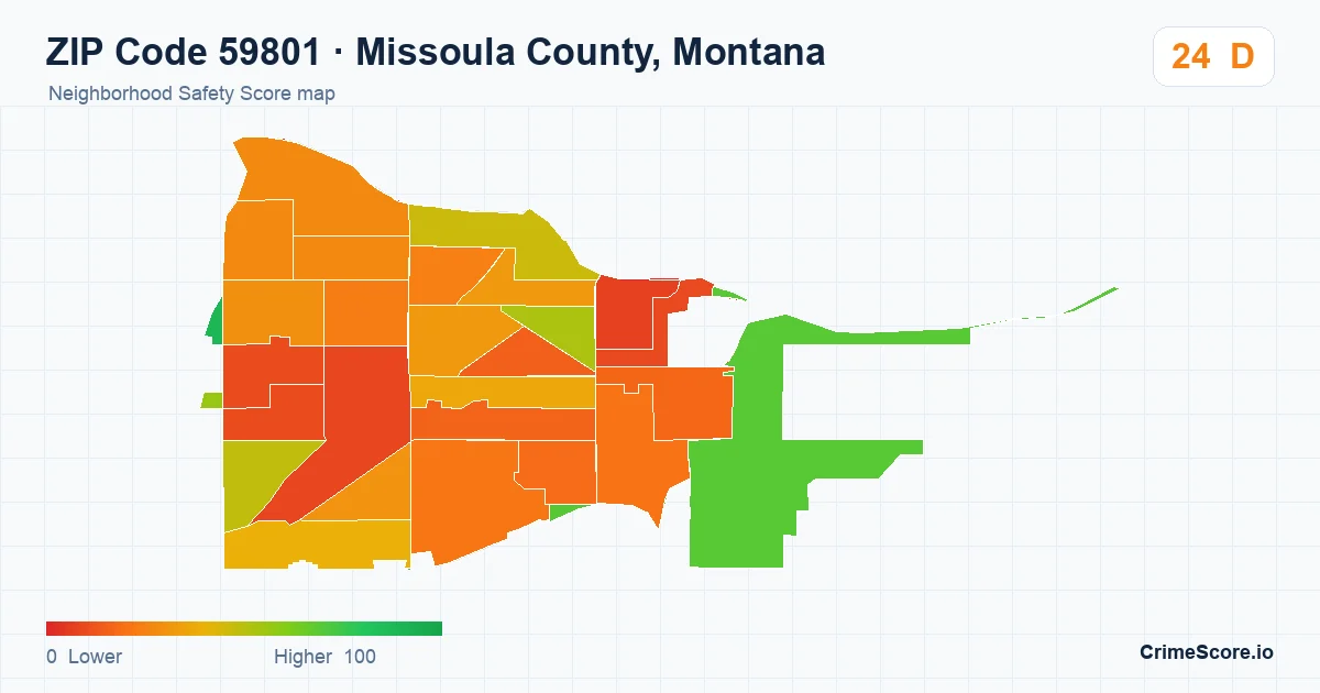 ZIP Code 59801 in Missoula County, Montana neighborhood Safety Score map