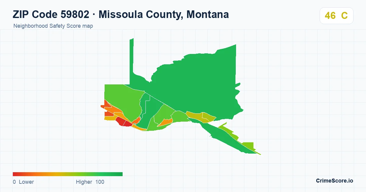 ZIP Code 59802 in Missoula County, Montana neighborhood Safety Score map