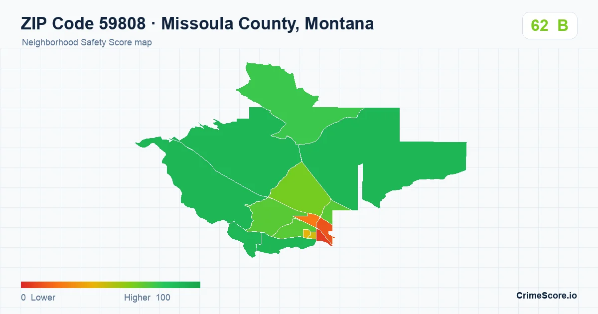 ZIP Code 59808 in Missoula County, Montana neighborhood Safety Score map