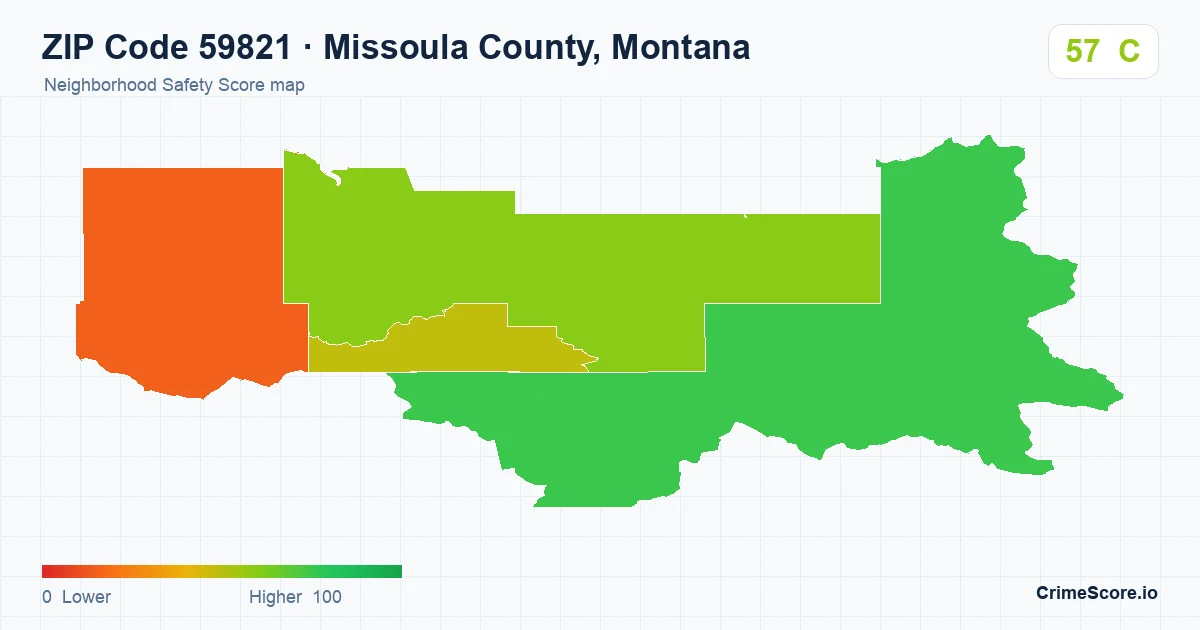 ZIP Code 59821 in Missoula County, Montana neighborhood Safety Score map