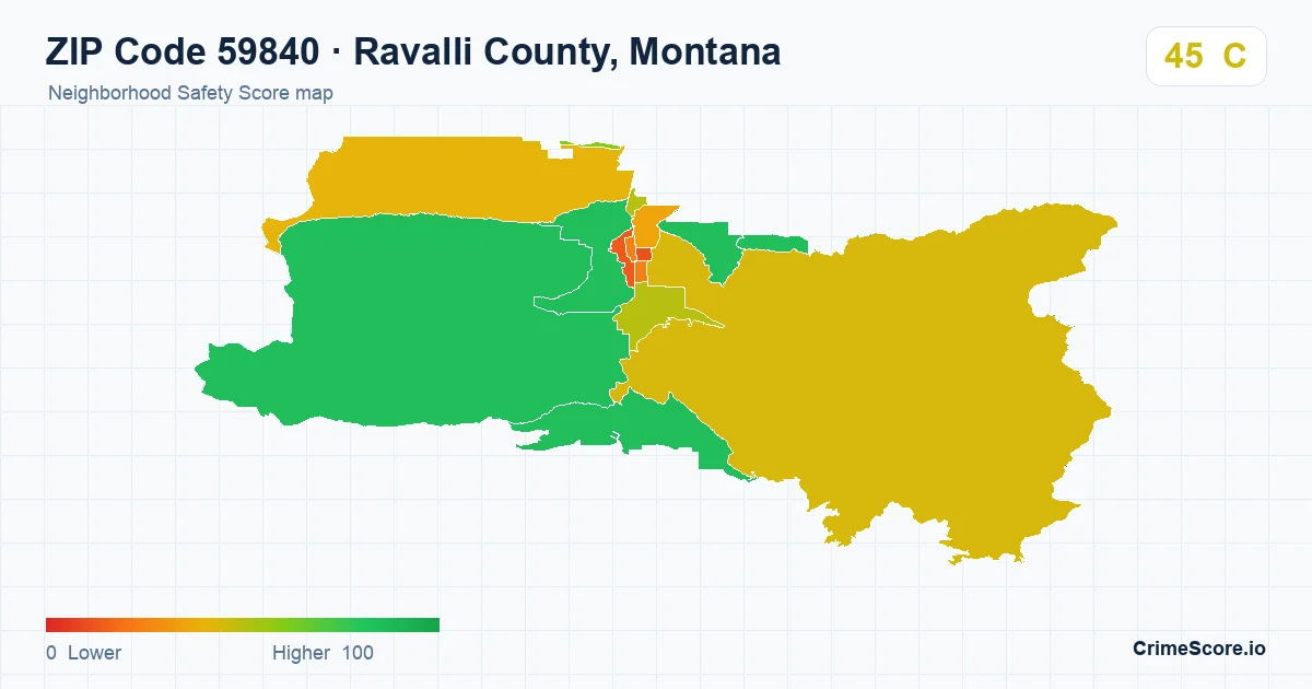 ZIP Code 59840 in Ravalli County, Montana neighborhood Safety Score map