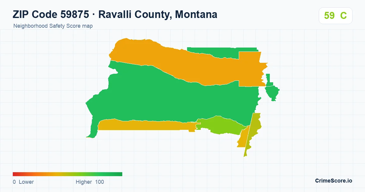 ZIP Code 59875 in Ravalli County, Montana neighborhood Safety Score map