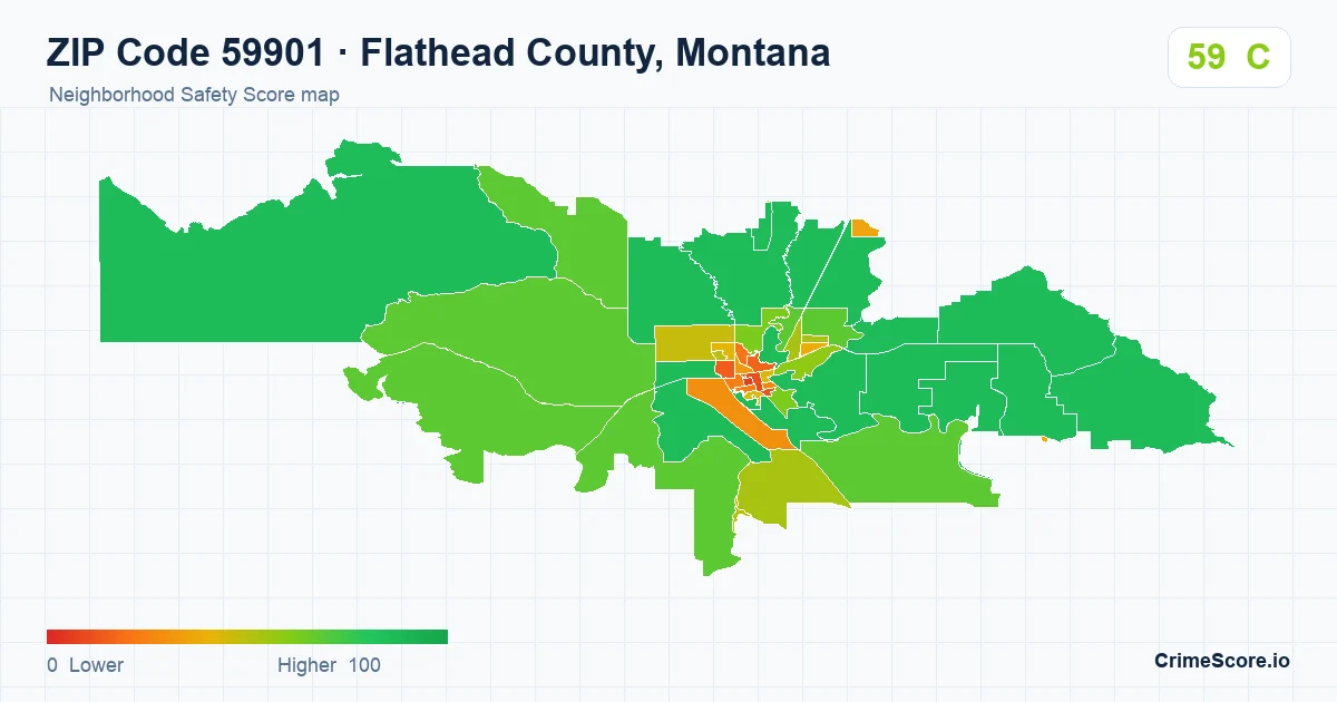 ZIP Code 59901 in Flathead County, Montana neighborhood Safety Score map