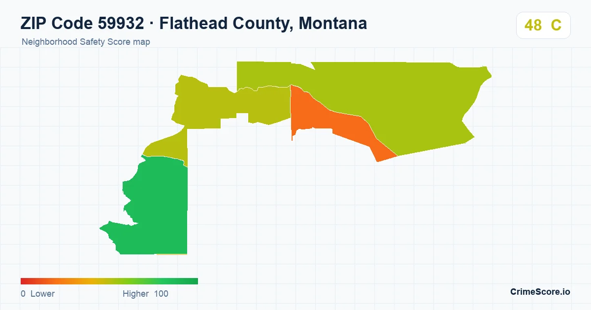 ZIP Code 59932 in Flathead County, Montana neighborhood Safety Score map