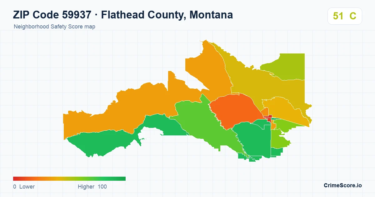 ZIP Code 59937 in Flathead County, Montana neighborhood Safety Score map