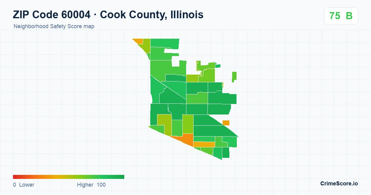 ZIP Code 60004 in Cook County, Illinois neighborhood Safety Score map
