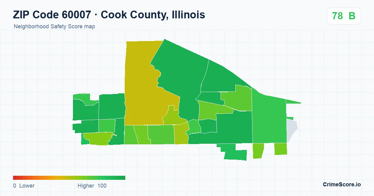 ZIP Code 60007 in Cook County, Illinois neighborhood Safety Score map