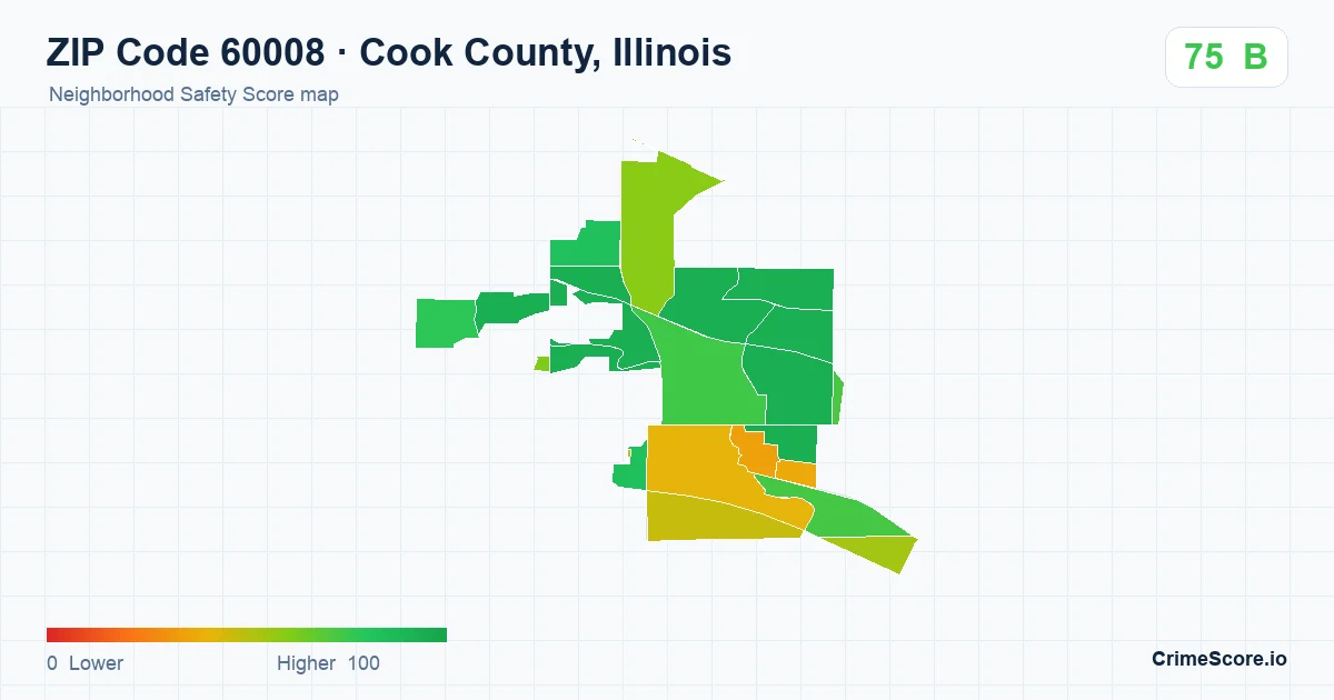 ZIP Code 60008 in Cook County, Illinois neighborhood Safety Score map