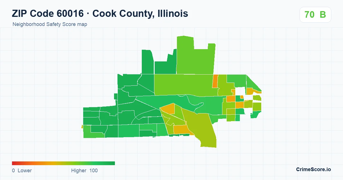 ZIP Code 60016 in Cook County, Illinois neighborhood Safety Score map