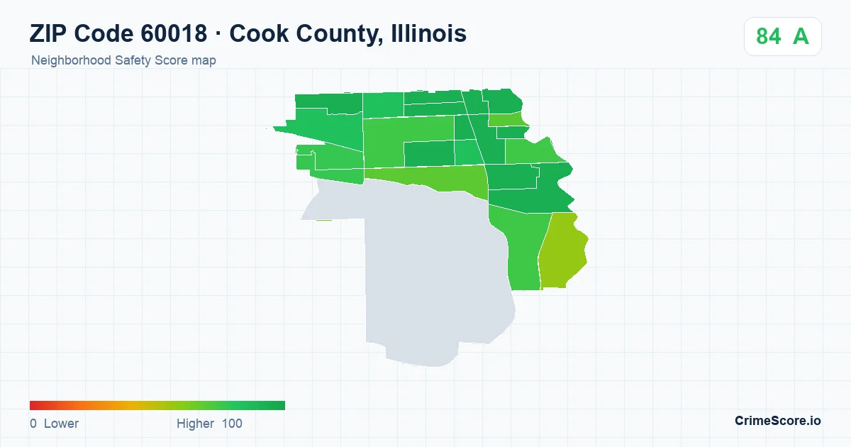 ZIP Code 60018 in Cook County, Illinois neighborhood Safety Score map