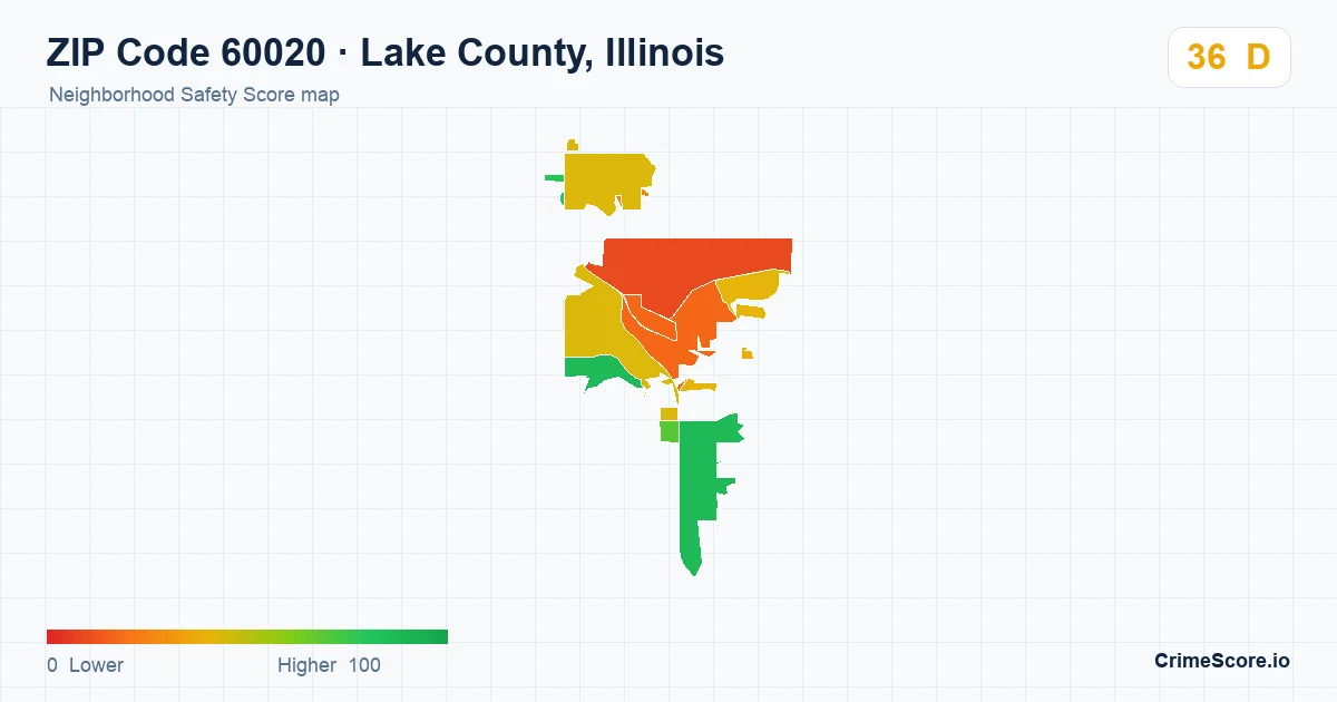 ZIP Code 60020 in Lake County, Illinois neighborhood Safety Score map