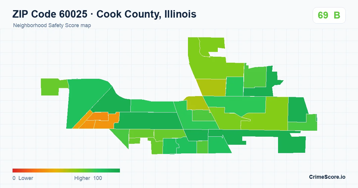 ZIP Code 60025 in Cook County, Illinois neighborhood Safety Score map
