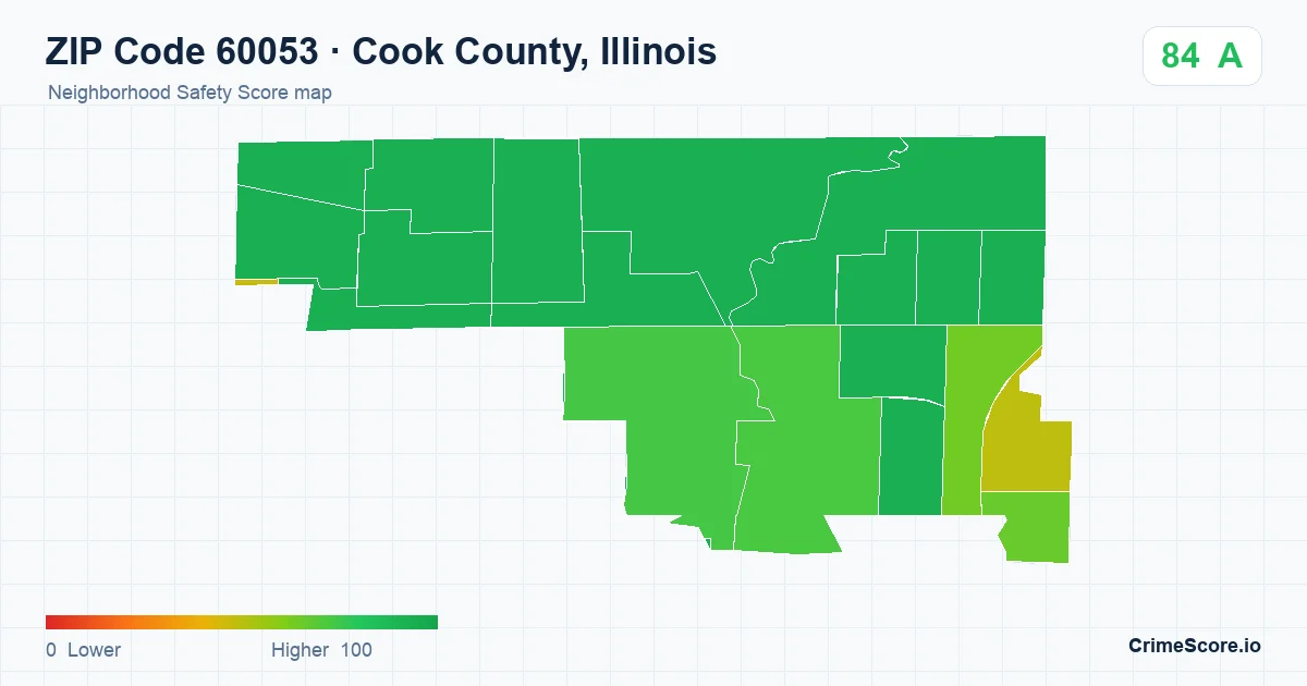ZIP Code 60053 in Cook County, Illinois neighborhood Safety Score map
