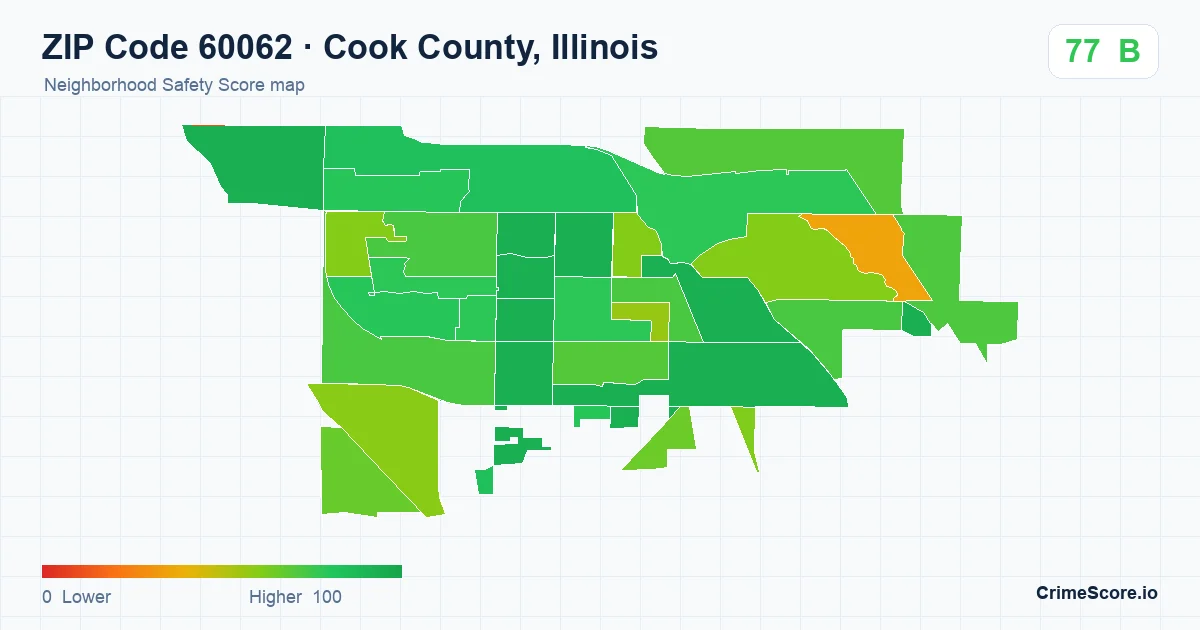 ZIP Code 60062 in Cook County, Illinois neighborhood Safety Score map