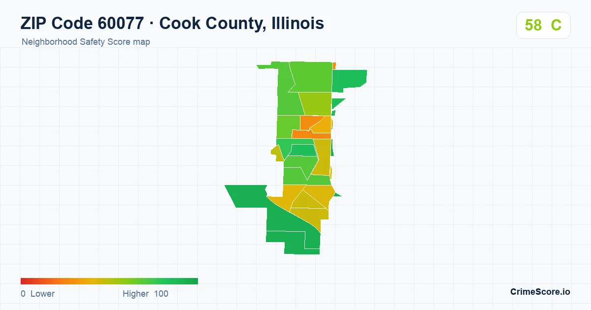 ZIP Code 60077 in Cook County, Illinois neighborhood Safety Score map