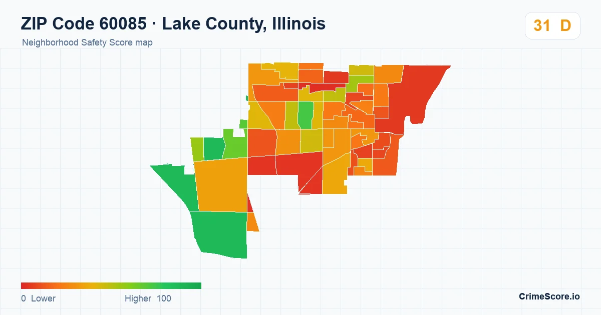 ZIP Code 60085 in Lake County, Illinois neighborhood Safety Score map