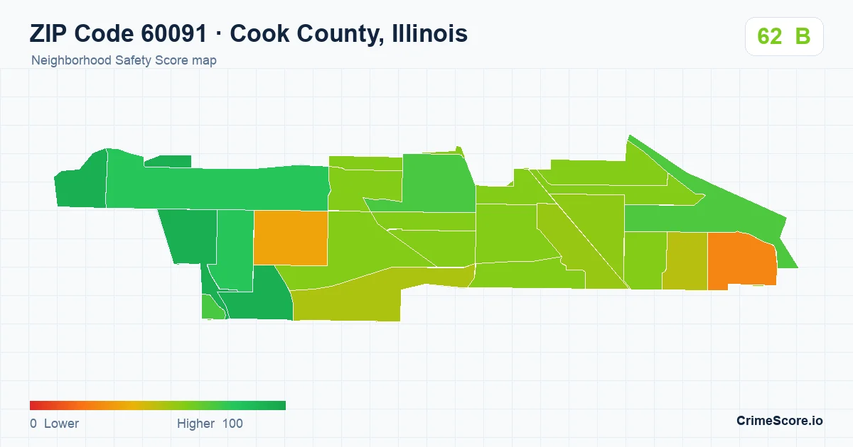 ZIP Code 60091 in Cook County, Illinois neighborhood Safety Score map