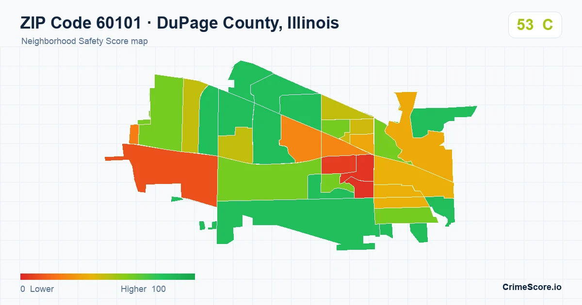 ZIP Code 60101 in DuPage County, Illinois neighborhood Safety Score map