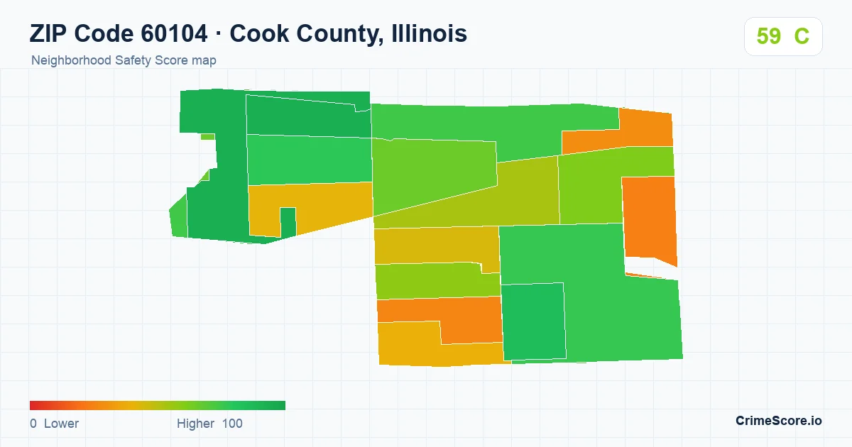 ZIP Code 60104 in Cook County, Illinois neighborhood Safety Score map