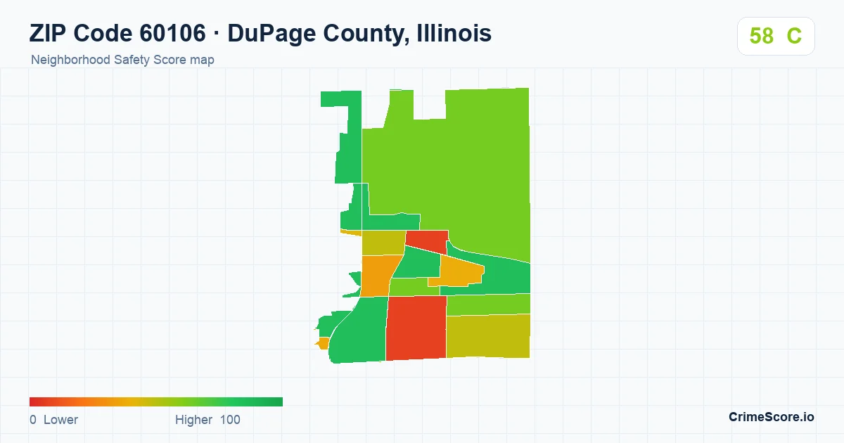 ZIP Code 60106 in DuPage County, Illinois neighborhood Safety Score map